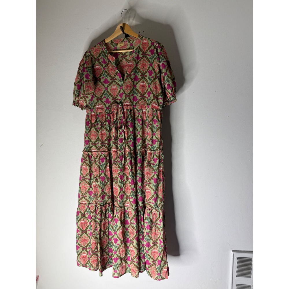 Anayna Floral Block Print Tiered Midi Dress Green Pink Cotton XL Boho V-Neck